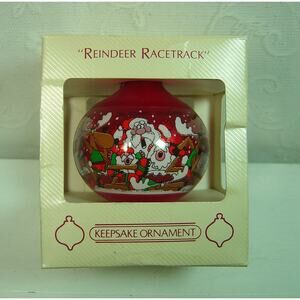 VINTAGE HALLMARK ORNAMENT-REINDEER RACETRACK GLASS BALL ORNAMENT-1984